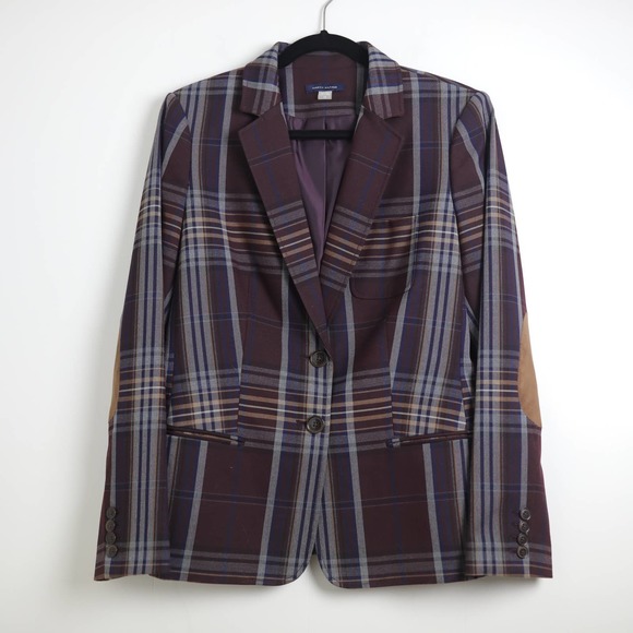 Tommy Hilfiger Jackets & Blazers - Tommy Hilfiger Dark Purple Plaid Tan Suede Elbow Patch Blazer Jacket